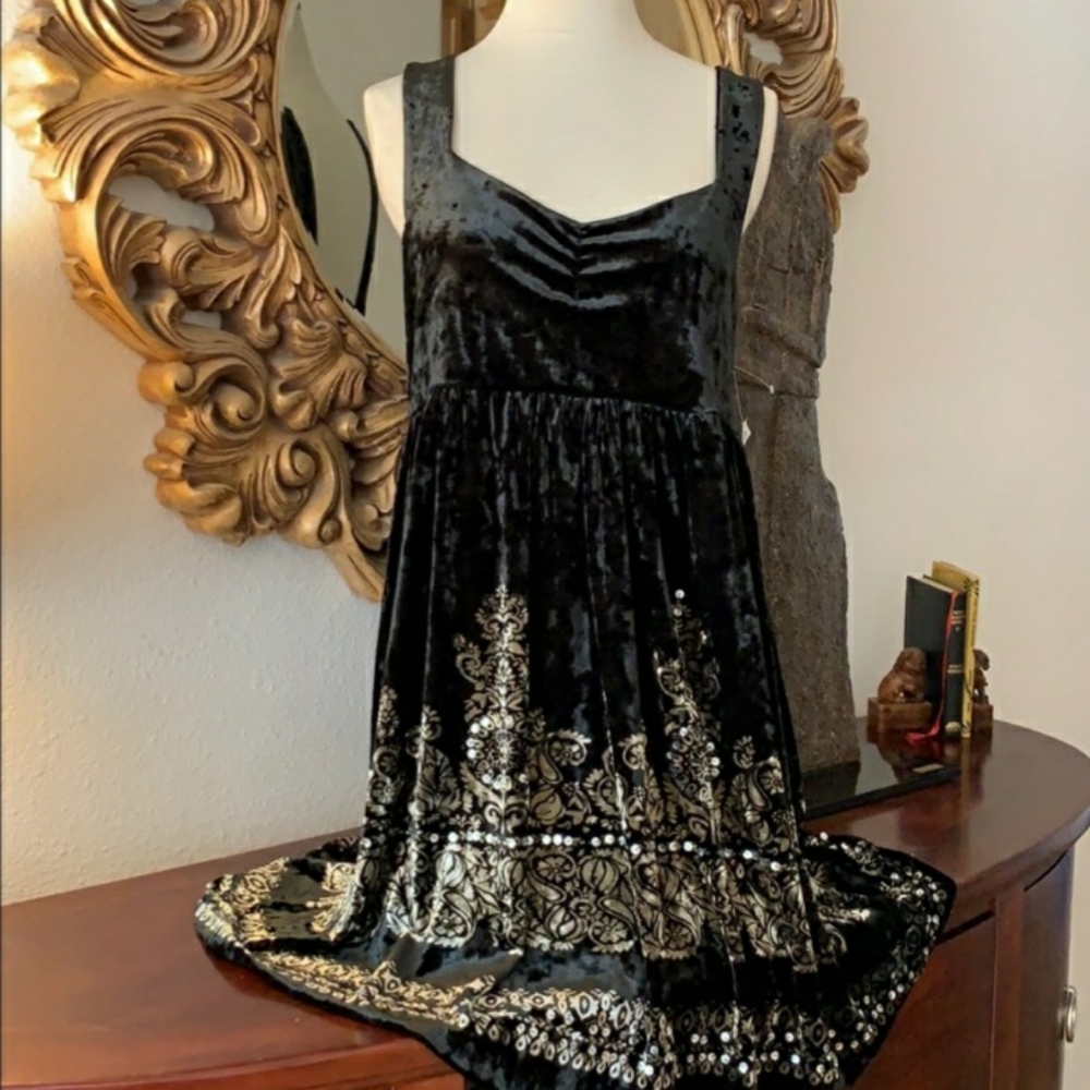 Free People Black Velvet Babydoll Tank Dress w/Gold Embellishments
